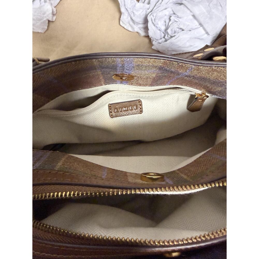 Aimee Satchel Bag Womens Medium Brown Leather Tweed Plaid Top Handle Crossbody - Picture 11 of 14